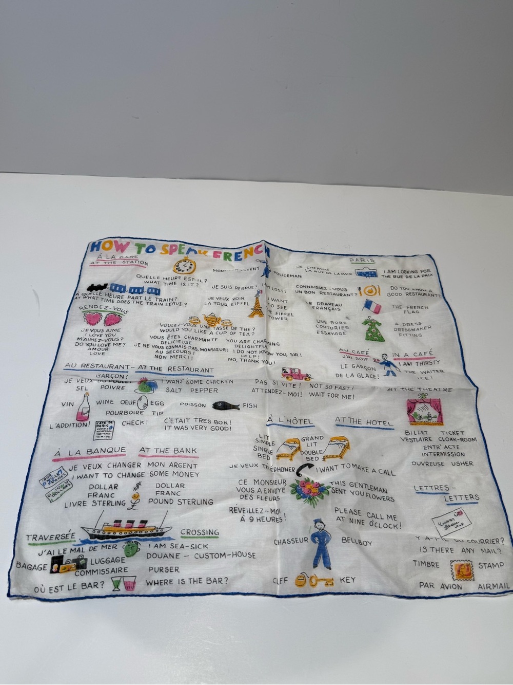 Vintage French Language Lesson Square Cotton Scarf Novelty Print Bandana